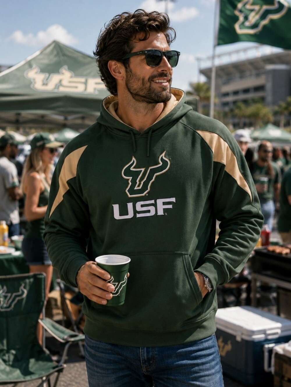 USF Bulls Green & Tan Hoodie Pro Player XL Pullover With Front Pocket & Drawstri